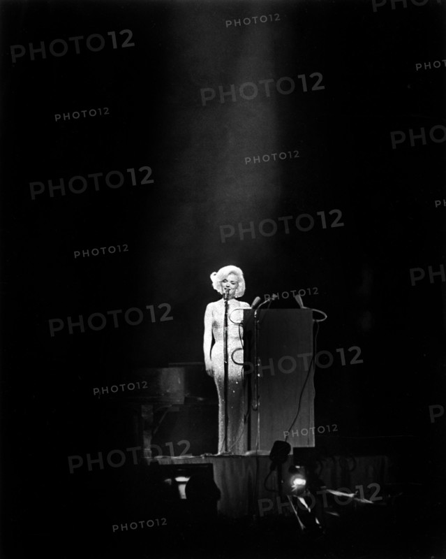 American actress Marilyn Monroe performing at Democratic Party fund-raising dinner and birthday salute to U.S. President John F. Kennedy, Madison Square Garden, New York City, New York, USA, Cecil Stoughton, White House Photographs, May 19, 1962