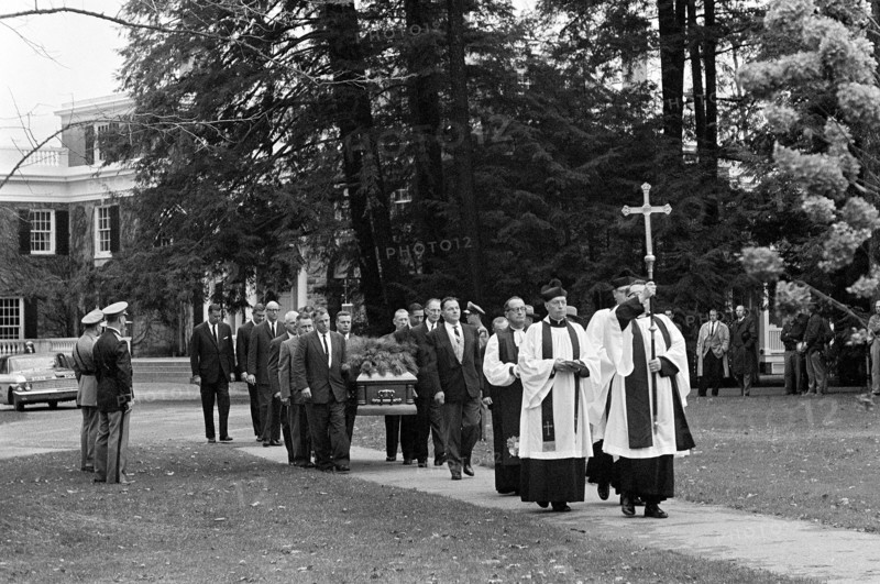Members of clergy leading pallbearers carrying casket of former U.S. First Lady Eleanor Roosevelt during Funeral services, Hyde Park, New York, USA, Abbie Rowe, White House Photographs, November 10, 1962