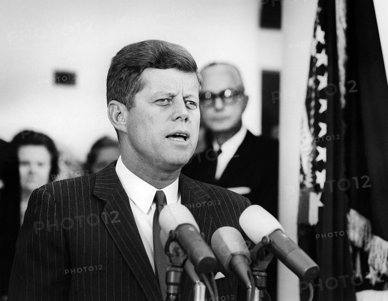 U.S. President John F. Kennedy delivering remarks at military reception in honor of recipients of Congressional Medal of Honor, South Portico, White House, Washington, D.C., USA, Abbie Rowe, White House Photographs, May 2, 1963