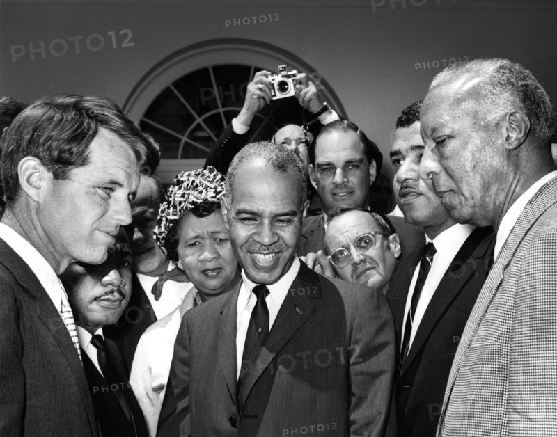 U.S. Attorney General Robert F. Kennedy meeting with civil rights leaders Martin Luther King, Jr., Dorothy Height, Roy Wilkins, Whitney M. Young, A. Philip Randolph, Rose Garden, White House, Washington, D.C., USA, Abbie Rowe, White House Photographs, June 22,1963