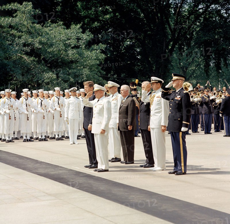 U.S. President John F. Kennedy and others standing at attention at Tomb of the Unknown Soldier during Memorial Day ceremonies, Arlington National Cemetery, Arlington, Virginia, USA, Cecil Stoughton, White House Photographs, May 30, 1963