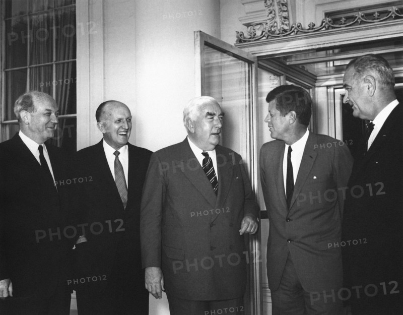 Left to right: U.S. Secretary of State Dean Rusk, Ambassador of Australia Sir Howard Beale, Australian Prime Minister Robert Gordon Menzies, U.S. President John F. Kennedy, U.S. Vice President Lyndon B. Johnson, during Menzies visit to attend luncheon in his honor, North Portico, White House, Washington, D.C., USA, Abbie Rowe, White House Photographs, July 8, 1963