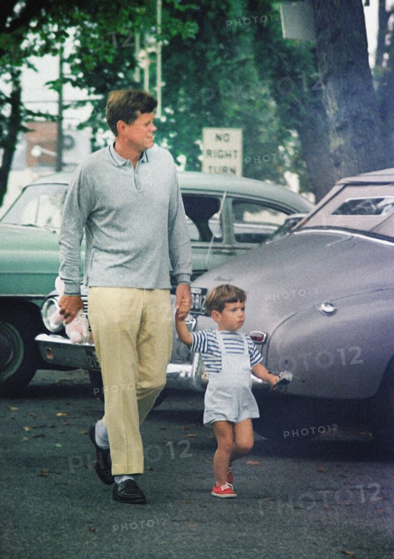 U.S. President John F. Kennedy and John F. Kennedy, Jr., departing toy store, Hyannis Port, Massachusetts, USA, Cecil Stoughton, White House Photographs, August 31, 1963