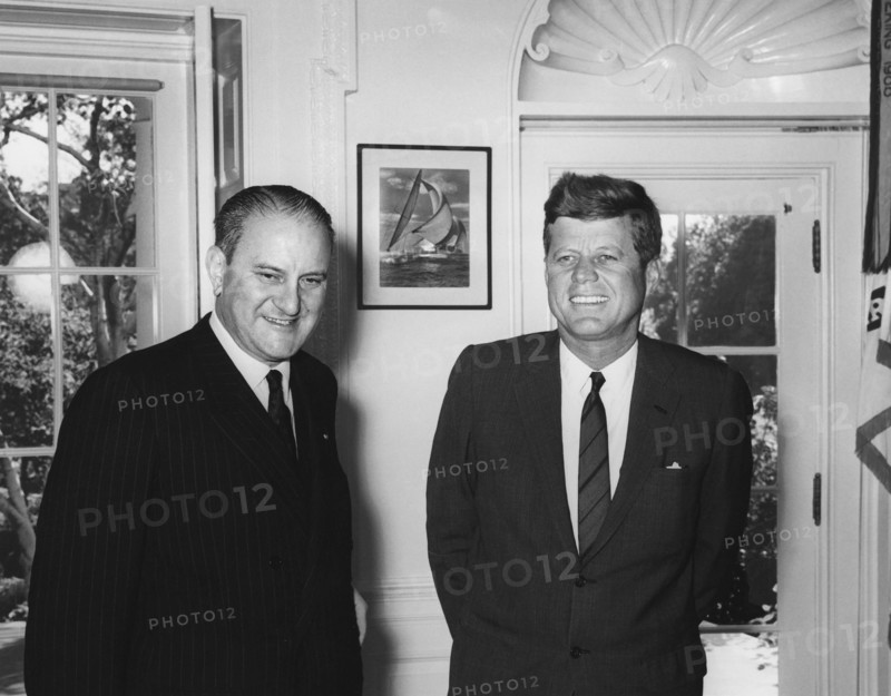 U.S. President John F. Kennedy meeting with Foreign Minister of Spain Fernando María Castiella (left), Oval Office, White House, Washington, D.C., USA, Abbie Rowe, White House Photographs, October 9, 1963