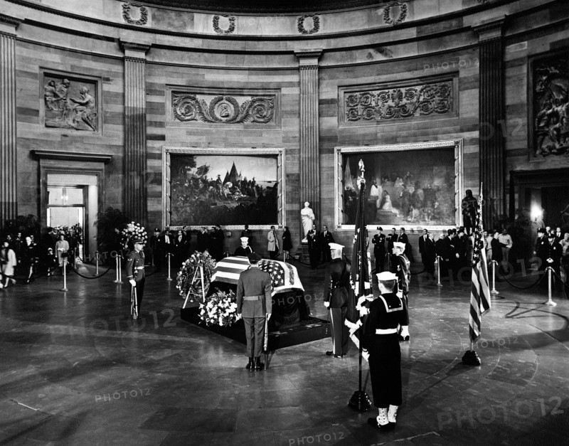 U.S. President John F. Kennedy's flag-draped casket in center of Rotunda, U.S. Capitol Building, Washington, D.C., USA, Abbie Rowe, White House Photographs, November 24, 1963