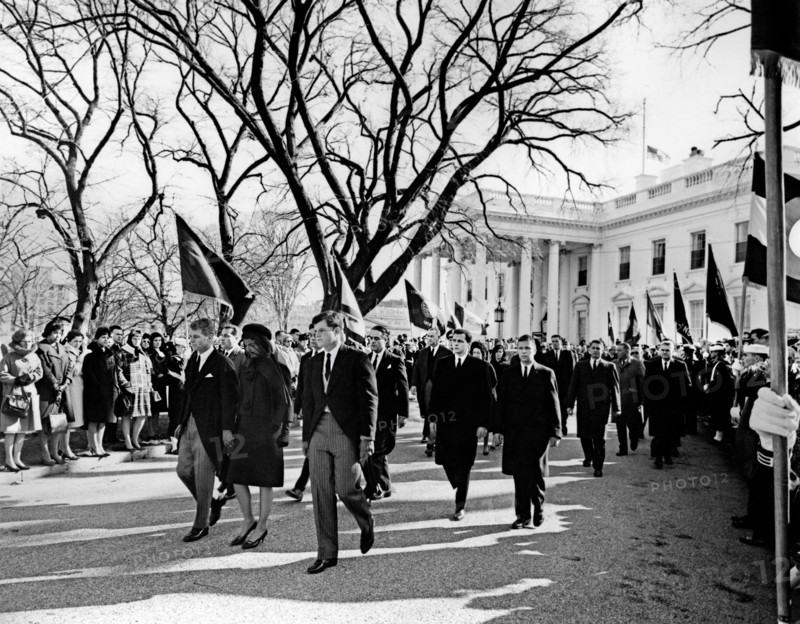 U.S. Attorney General, Robert F. Kennedy, Jacqueline Kennedy, U.S. Senator Edward M. Kennedy, leading the funeral procession (with U.S. President Lyndon Johnson and U.S. First Lady Claudia "Lady Bird" Johnson following behind), of U.S. President John F. Kennedy departing the White House for the Cathedral of St. Matthew the Apostle, Washington, D.C., USA, Abbie Rowe, White House Photographs, November 25, 1963