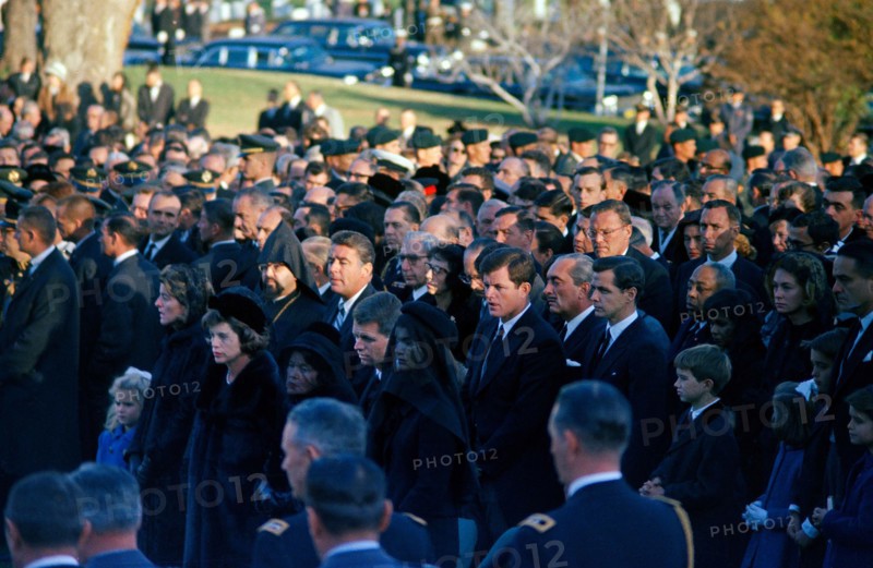 Members of the Kennedy family and others attend graveside services in the state funeral of President John F. Kennedy, Arlington National Cemetery, Arlington, Virginia, USA, Cecil Stoughton, White House Photographs, November 25, 1963