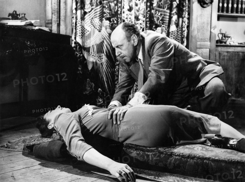 Joyce Gregg, George Coulouris, on-set of the British film, "The Woman Eater", aka "Womaneater", Eros Films (UK), Columbia Pictures (USA), 1958