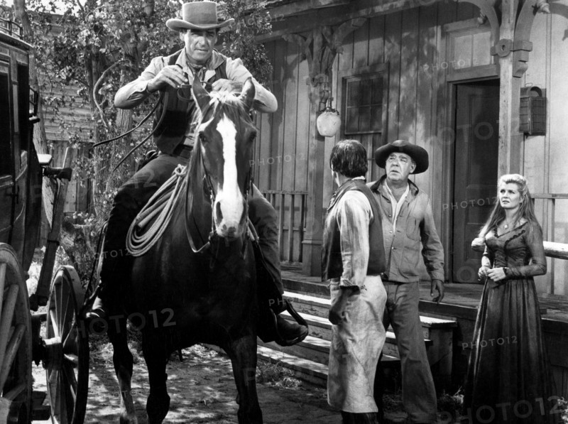Rory Calhoun, Lon Chaney, Jr., Corinne Calvet, on-set of the western film, "Apache Uprising", Paramount Pictures, 1965