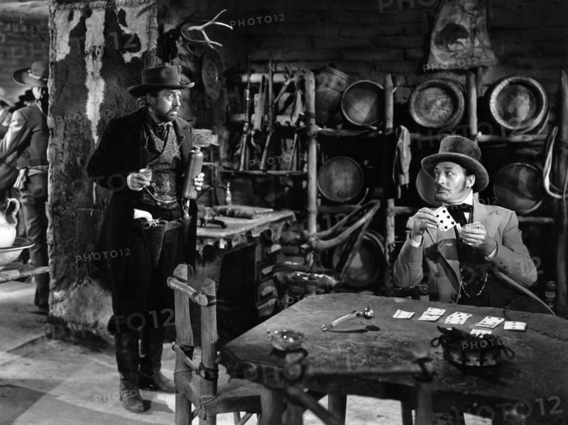 Porter Hall, Warren William, on-set of the western film, "Arizona", Columbia Pictures, 1940