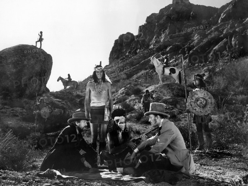 Porter Hall, Frank Hill, Warren William, on-set of the western film, "Arizona", Columbia Pictures, 1940