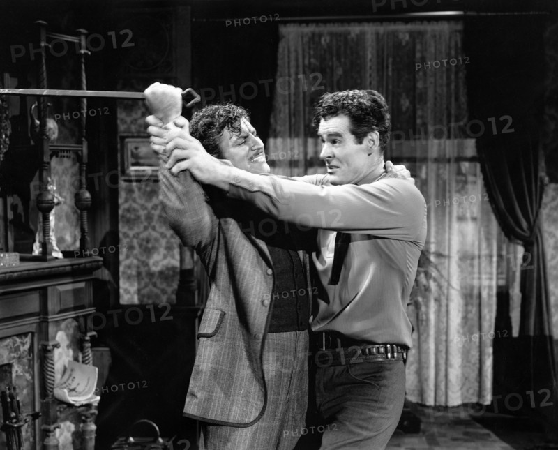 Robert Preston, Robert Ryan, on-set of the western film, "Best Of The Badmen", RKO Radio Pictures, 1951