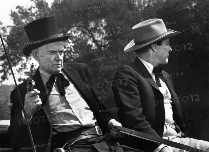 Charles Bickford, Kevin McCarthy, on-set of the western film, "A Big Hand For The Little Lady", Warner Bros., 1966