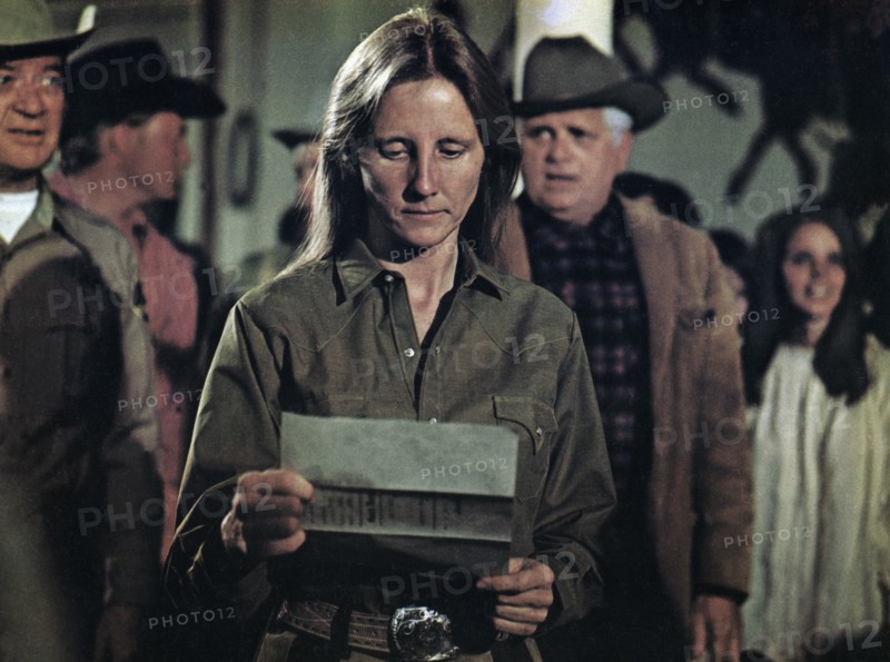 Kenneth Tobey (left), Delores Taylor (center), Bert Freed (right) on-set of the western film, "Billy Jack", Warner Bros., 1971