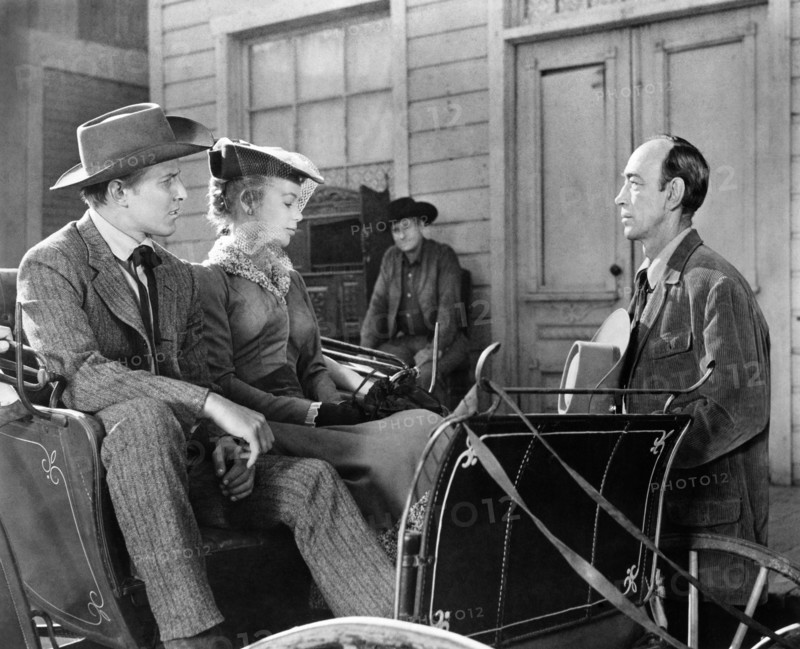 Jan Merlin, Abby Dalton, Douglas Spencer, on-set of the western film, "Cole Younger, Gunfighter", Allied Artists, 1958