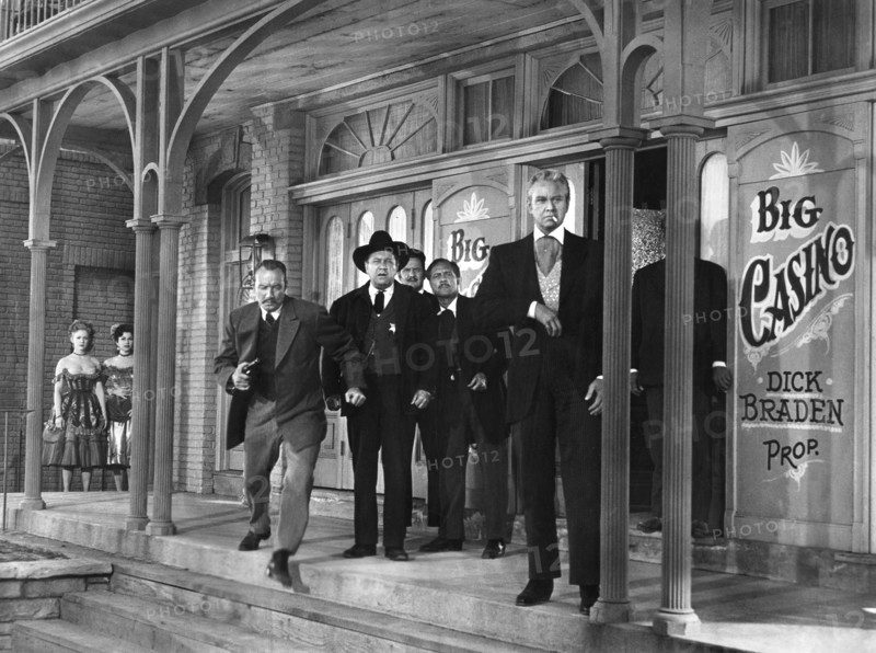 Edgar Buchanan (background, center), David Brian (right), on-set of the western film, "Dawn at Socorro", Universal Pictures, 1954