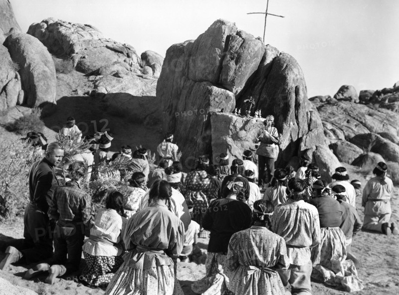 Group of Mission Indians in prayer, on-set of the western film, "Desert Pursuit", Monogram Pictures, 1952