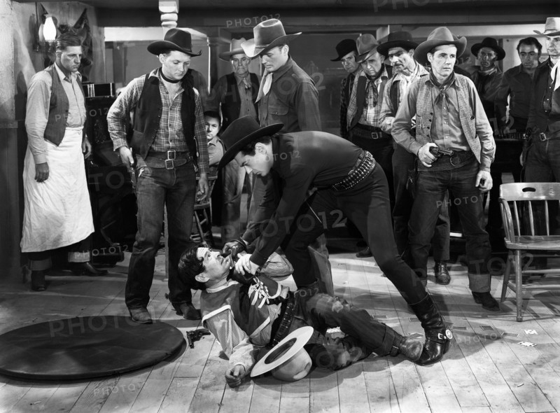 Bob Baker, Johnny Mack Brown, Jim Corey, Al Haskell, Johnny Luther, Charles Stevens, on-set of the western film, "Desperate Trails", 1939