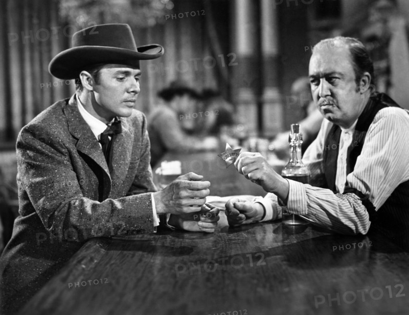 Audie Murphy, Ralph Peters, on-set of the western film, "Destry", Universal Pictures, 1954