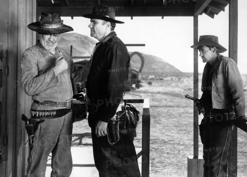 Jay C. Flippen, R.G. Armstrong, Dennis Hopper, on-set of the western film, "From Hell To Texas", 20th Century-Fox, 1958