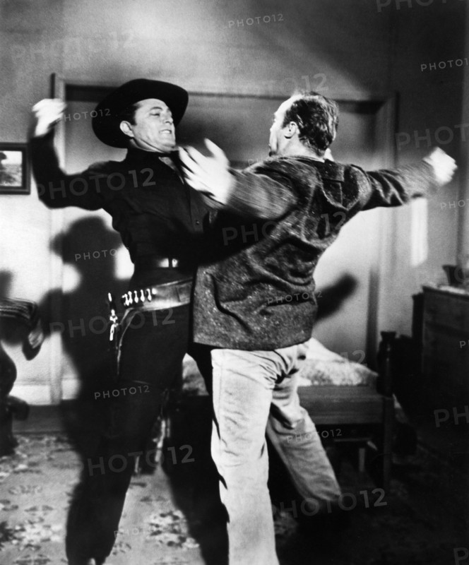 Tony Martin, John Doucette, on-set of the western film, "Quincannon, Frontier Scout", United Artists, 1956