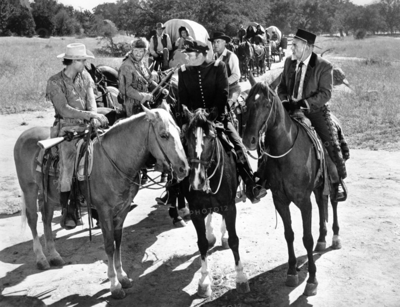 Jim Davis, Ken Mayer, Don Kelly, Nestor Paiva, on-set of the western film, "Frontier Uprising", United Artists, 1961