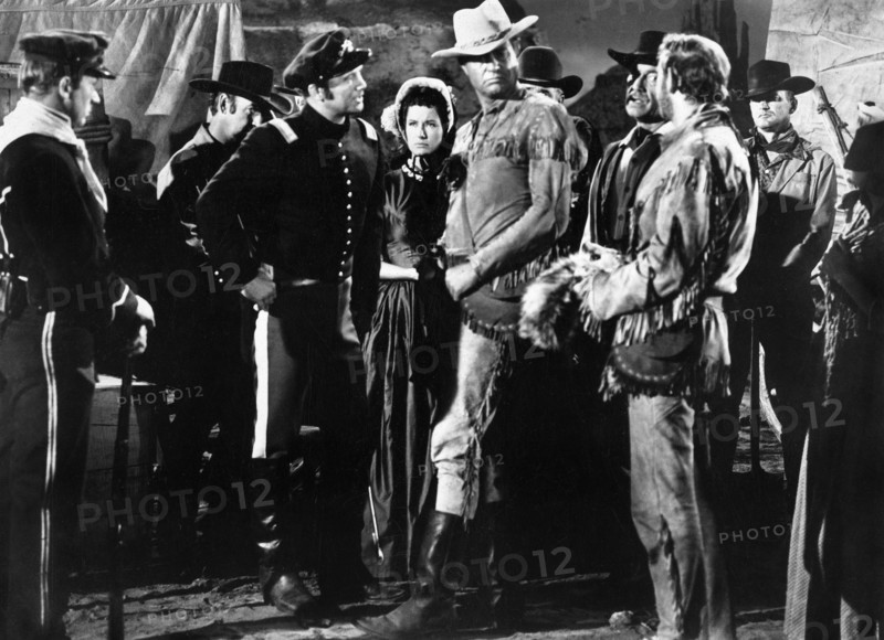 Don Kelly, Nancy Hadley, Jim Davis, Ken Mayer, on-set of the western film, "Frontier Uprising", United Artists, 1961