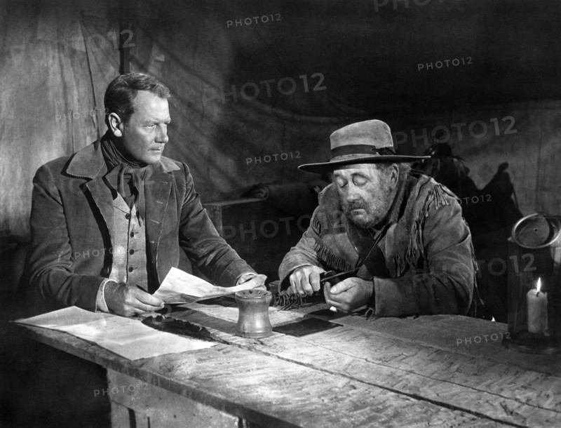 Joel McCrea, Chubby Johnson, on-set of the western film, "he First Texan", Allied Artists, 1956