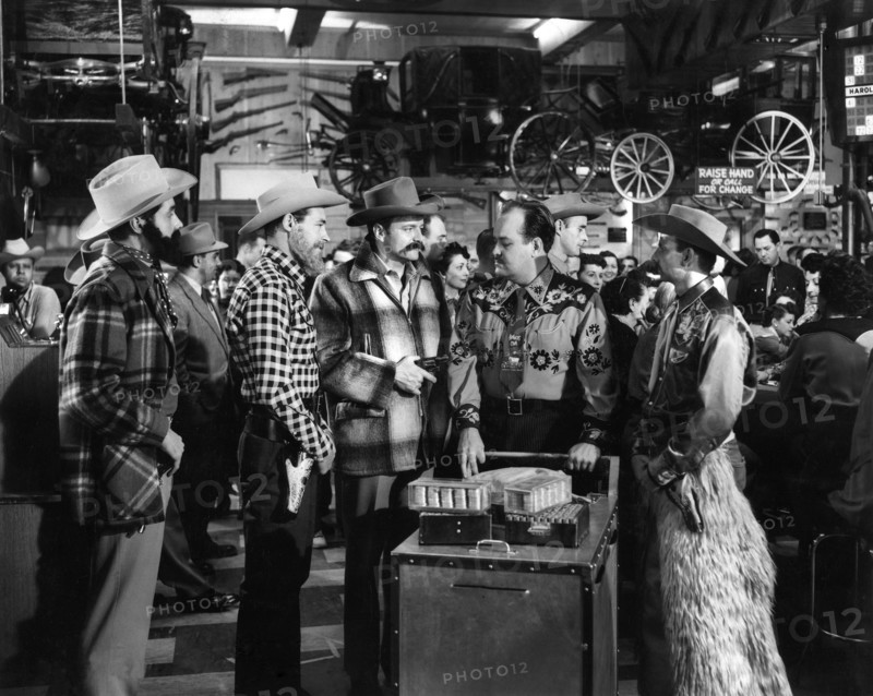 Kewin Mathews, Guy Madison, Brian Keith, William Conrad, Alvy Moore, on-set of the western film, "Five Against The House", Columbia Pictures, 1955