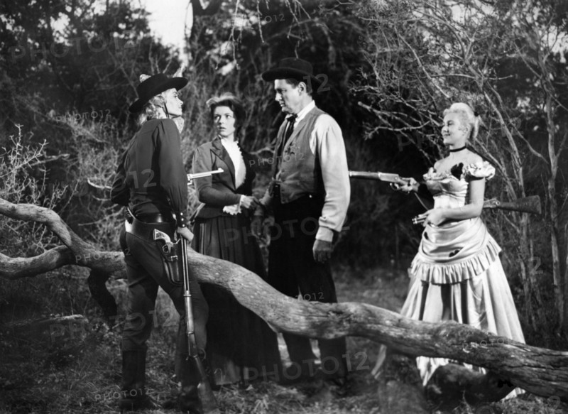 Irish McCalla, Merry Anders, Jeff Morrow, Kathy Marlowe, on-set of the western film, "Five Bold Women", Citation Films, 1959