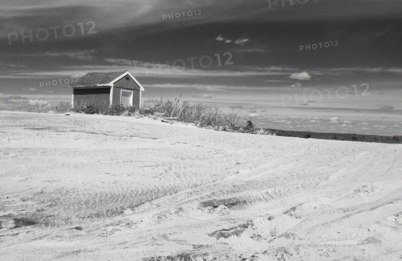 Old wood shack on sandy beach