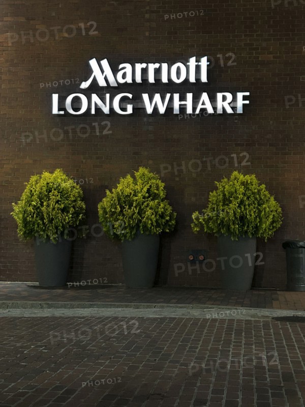 Marriott Hotel, Long Wharf, company sign on building exterior at night, Boston, Massachusetts, USA