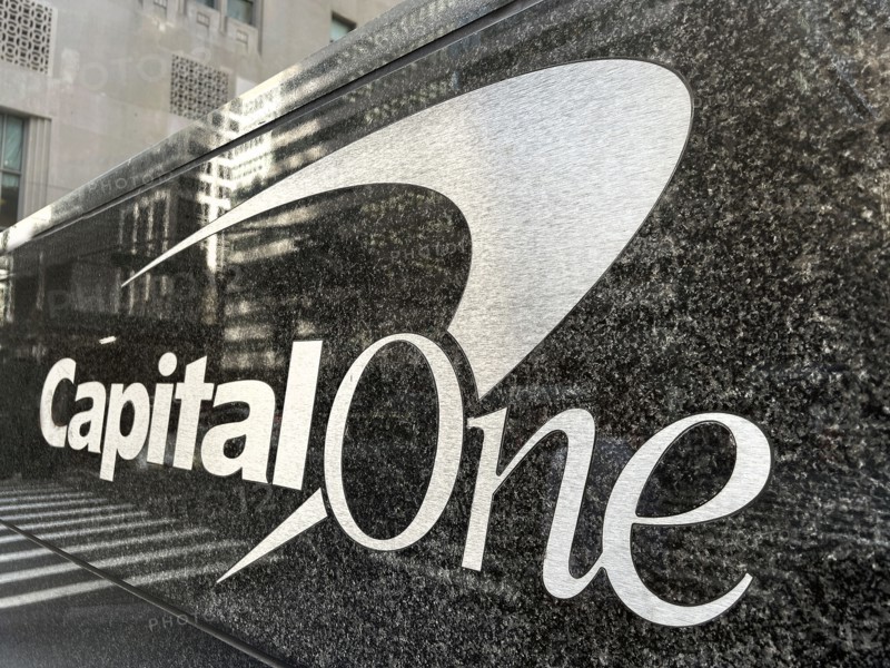 Capital One logo on building exterior, New York City, New York, USA