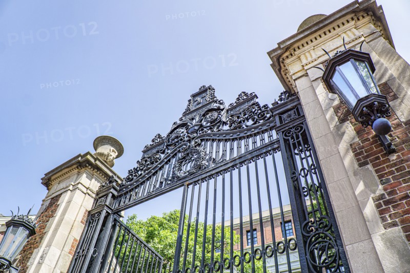 Low angle view of Morgan Gate (class of 1877) entrance to Harvard Yard, Harvard University, Cambridge, Massachusetts, USA