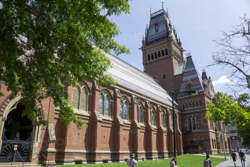 Annenberg Hall (foreground) and Memorial Transept, Memorial Hall, building exterior, Harvard University, Cambridge, Massachusetts, USA
