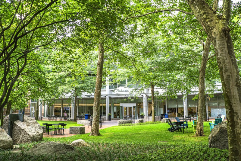 Takeda Pharmaceutical Company, building exterior and leafy outdoor lounge area, Cambridge, Massachusetts, USA