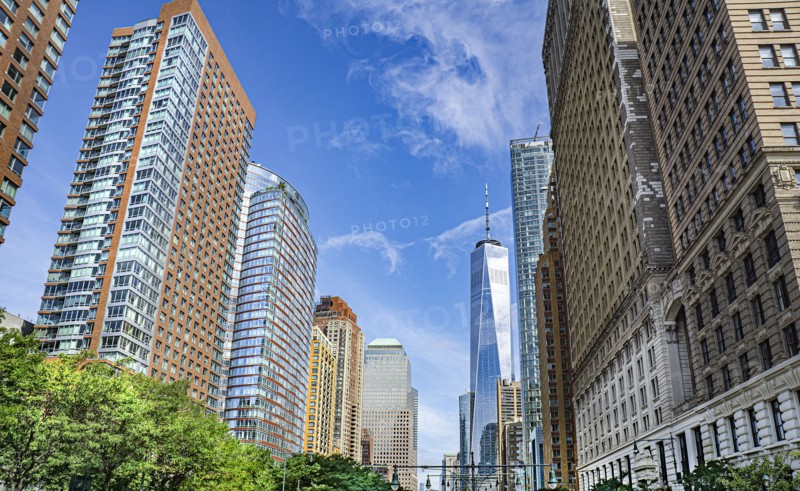 West Street looking north toward One World Trade Center (right), New York City, New York, USA