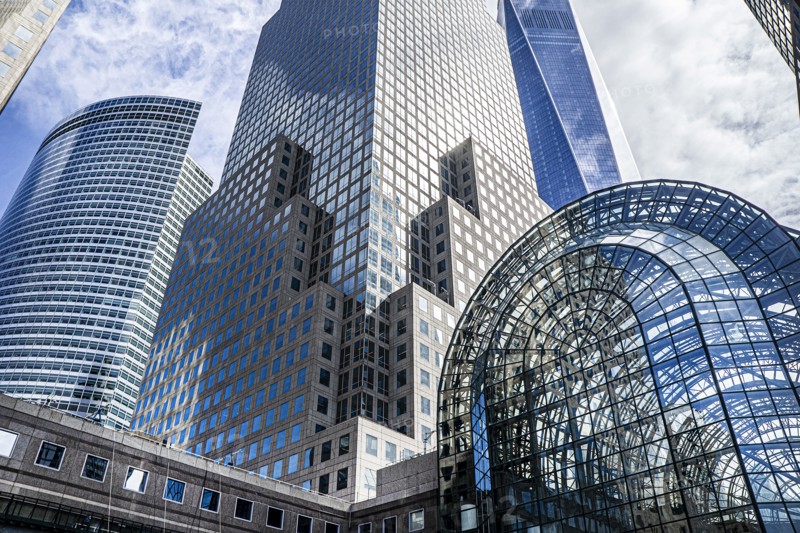 Low angle view of 200 West Street (left), Brookfield Place (foreground), One World Trade Center (background), New York City, New York, USA