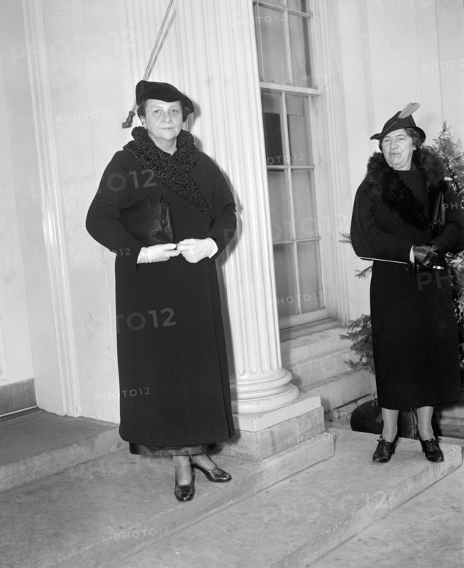 U.S. Secretary of Labor Frances Perkins (left), leaving White House after conference with U.S. President Franklin Roosevelt, Washington, D.C., USA, Harris & Ewing, November 27, 1937