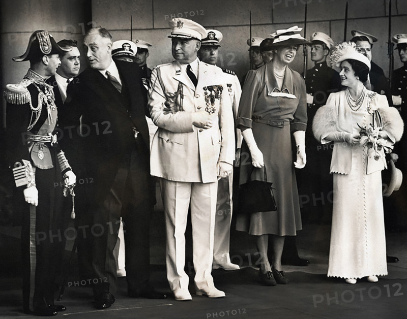 U.S. President  Franklin D. Roosevelt in conversation with King George VI while U.S. First Lady Eleanor Roosevelt and Queen Elizabeth exchange pleasantries at Union Station, Washington, D.C., USA, Franklin D. Roosevelt Presidential Library & Museum, June 8, 1939
