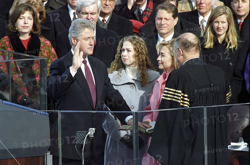 U.S. President Bill Clinton taking oath of office from Chief Justice William H. Rehnquist and is sworn in as U.S. President, Washington, D.C., USA, Barbara Kinney, White House Photograph Office, January 20, 1997