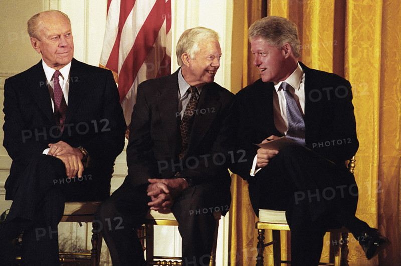 U.S. President Bill Clinton (right) with former U.S. Presidents Gerald Ford (left) and Jimmy Carter (center) at China Trade event, White House, Washington, D.C., USA, William Vasta, White House Photograph Office, May 9, 2000
