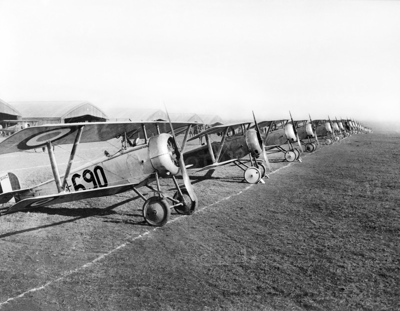 Twenty-six airplanes in line for inspection, aviation field, Issoudun, France, U.S. Army Signal Corps, April 1918