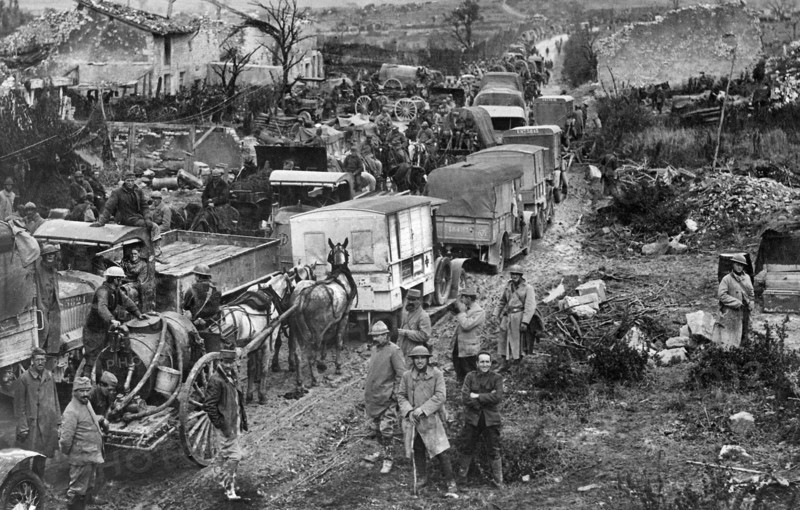 Typical scene of traffic congestion causing great delays on roads behind the American lines, Esnes, Argonne, France, U.S. Signal Corps, 1918