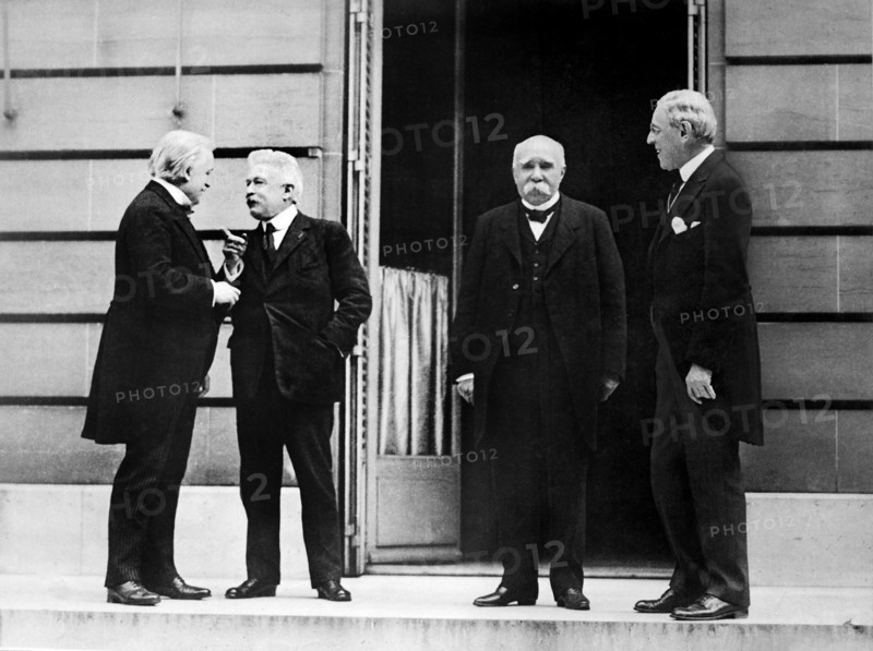 Council of Four of the Paris Peace Conference, British Prime Minister Lloyd George, Italian Prime Minister, Vittorio Emanuele Orlando; Georges Benjamin Clemenceau, U.S. President Woodrow Wilson. Hotel Crillon, Paris, France, U.S. Army Signal Corps, May 27 1919