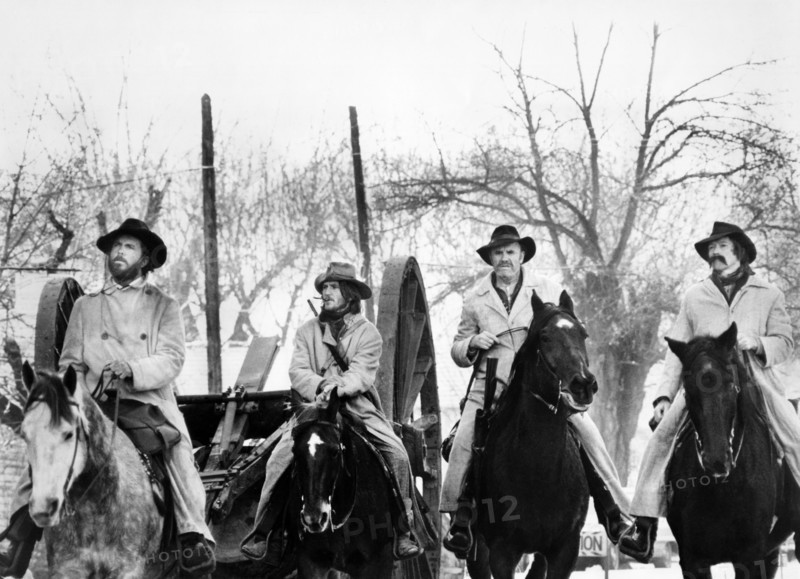 Cliff Robertson, Wayne Sutherlin,  R.G. Armstrong, Luke Askew, on-set of the western film, "The Great Northfield, Minnesota Raid", Universal Pictures, 1972