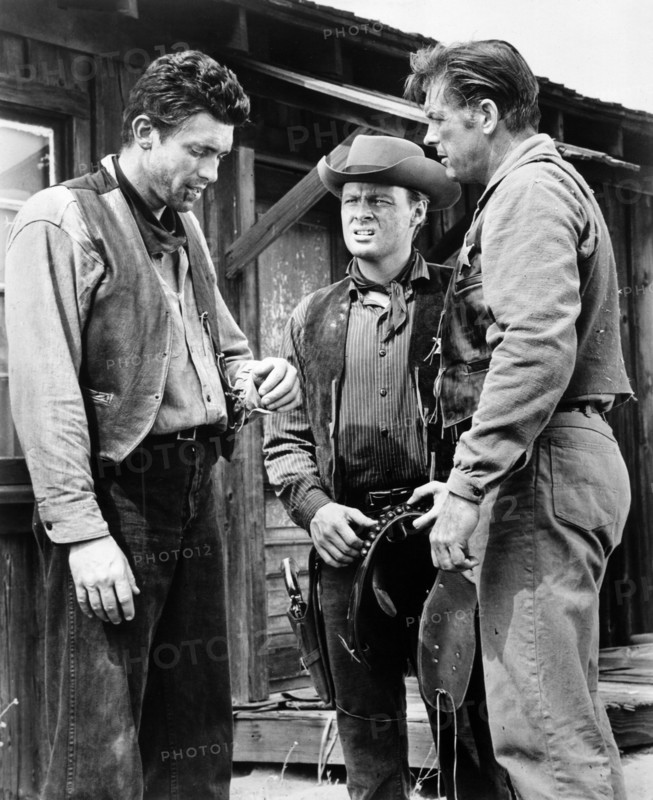 Med Flory, James Brown, John Clarke, on-set of the western film, "Gun Street", United Artists, 1961