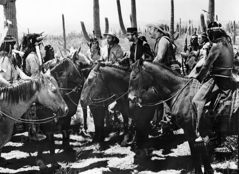 Nestor Paiva, James Griffith, Ray Teal, on-set of the western film, "The Guns Of Fort Petticoat", Columbia Pictures, 1957