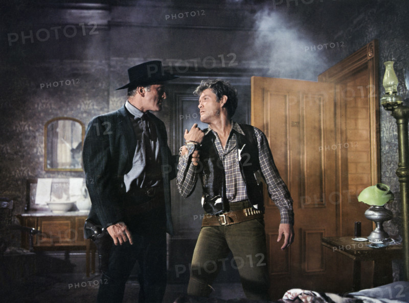 Kirk Douglas, Earl Holliman, on-set of the western film, "Last Train From Gun Hill", Paramount Pictures, 1959