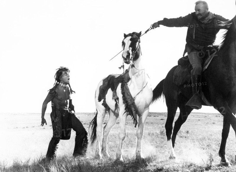 Earl Rosell (on horse), Dustin Hoffman, on-set of the western film, "Little Big Man", National General Pictures, 1970
